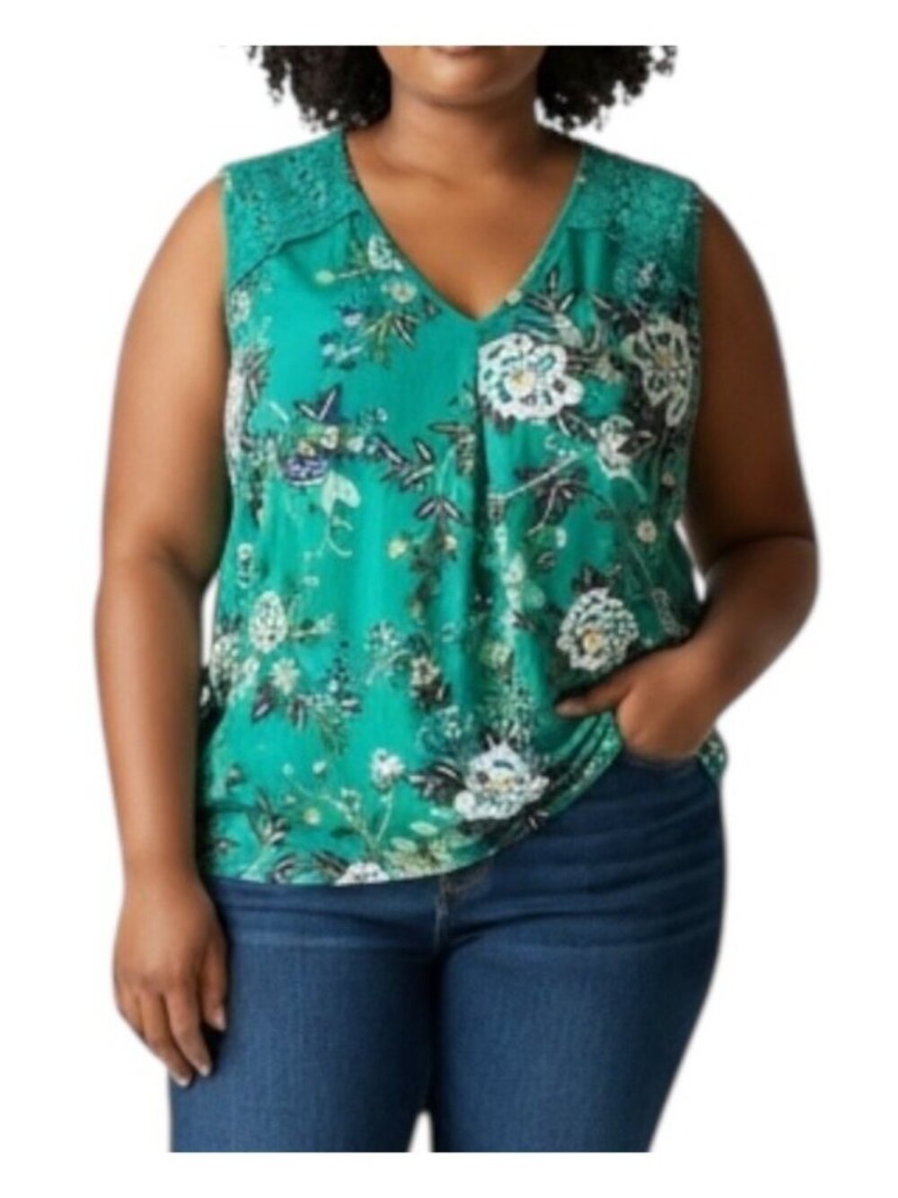 Daniel Rainn V-Neck Crochet Detail Blouse~Size 2X~Green Floral~ NWT~L6 07